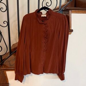 Sezane Chlo Rust Blouse with Ruffle Detail